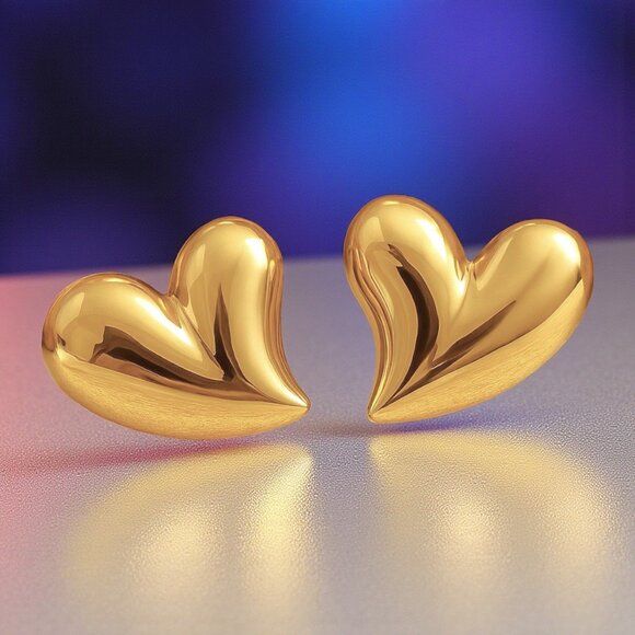 ๐Romantic Puffy Heart Necklace & Earrings Set 18K Gold Plated Stainless Steel - Picture 12 of 17